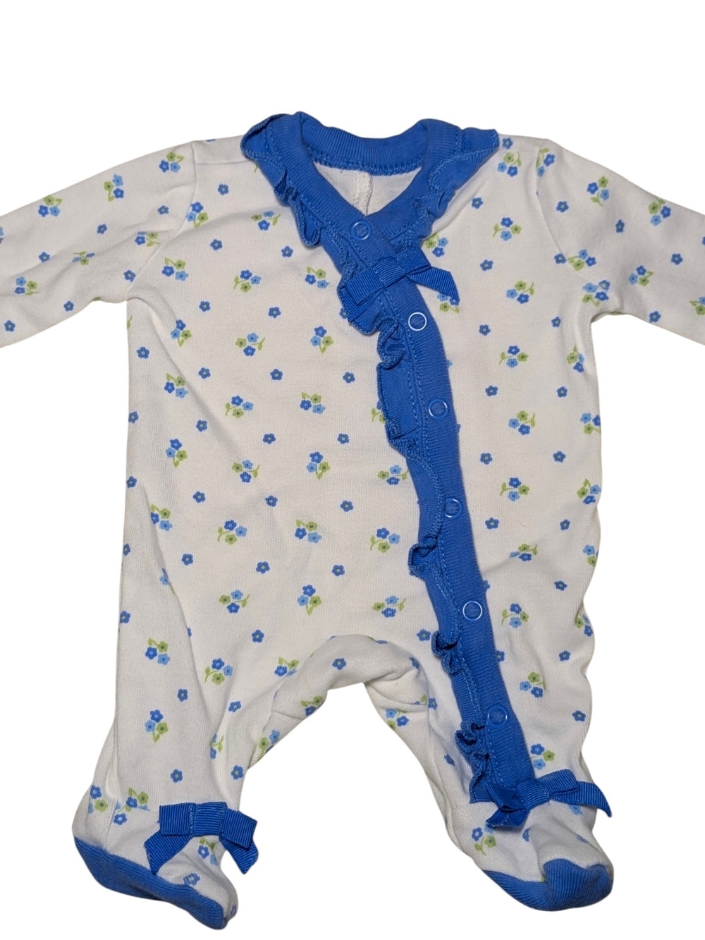 Vtg Gymboree Preemie Blue Floral Ruffle Sleeper Cottagecore Y2K Footie Bows
